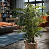 Areca mű aranypálma 130 cm dekorációs elhelyezése modern hálószobai enteriőrben.